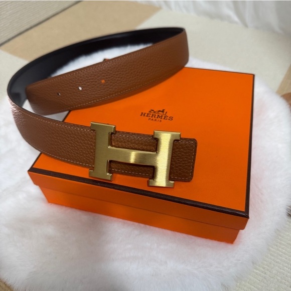 Hermes Brown Leather Belt with Gold H Buckle - Picture 1 of 5